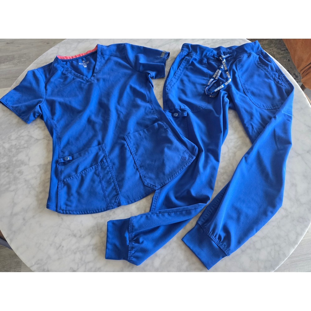 Med Couture Touch Womens Scrub Set XS Royal Blue V-Neck Top Jogger Pants 7459